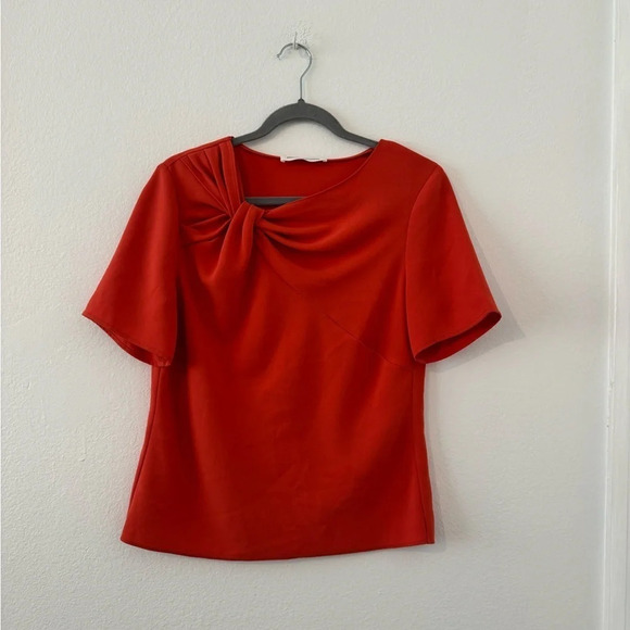 Amanda Uprichard Red Orange Short Sleeve Top Twist Neckline Office Size Small - Picture 1 of 7